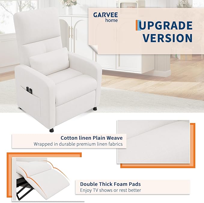 GarveeHome Power Recliner Chair, Adjustable Electric Recliner Ergonomic Overstuffed Single Sofa, Tall Back, Padded Seat, 2 Side Pockets and USB Port, Home Theater Seating for Living Room