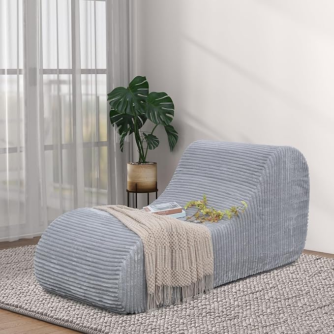 Corduroy Chaise Lounge Chair Couch Indoor Boneless Oversized High-Density Sponge Soft Sofa, Light Grey