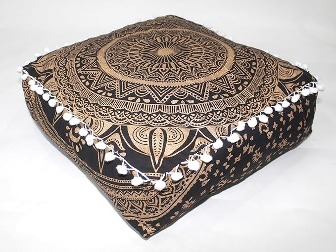 CRAFT KALA 16" Square Large Hippie Mandala Meditation Floor Ottoman Pillow Cushion Pouf Cover Square Poufs Bohemian Circle Floor Cushion Case Outdoor Fireplace Yoga Living Room Decor Cover Black Gold