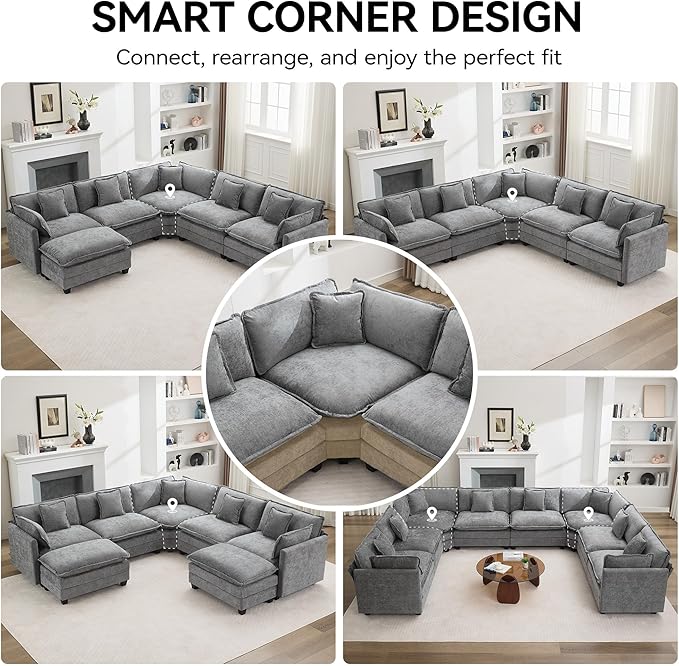 113'' V Shaped Cloud Sectional Sofa, Oversized Deep Seat Couches for Living Room, Chenille Comfy Upholstered Modular Sectional Sofa Couch, Grey