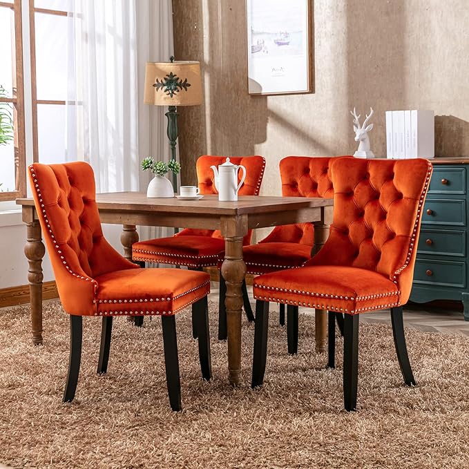YeahFurn Orange Mid Century Modern Dining Chairs Set of 6, Velvet Upholstered Kitchen & Dining Room Chairs with Nailhead Trim & Solid Wood Legs, Elegant Sillas De Comedor (Orange, 6 Pcs)