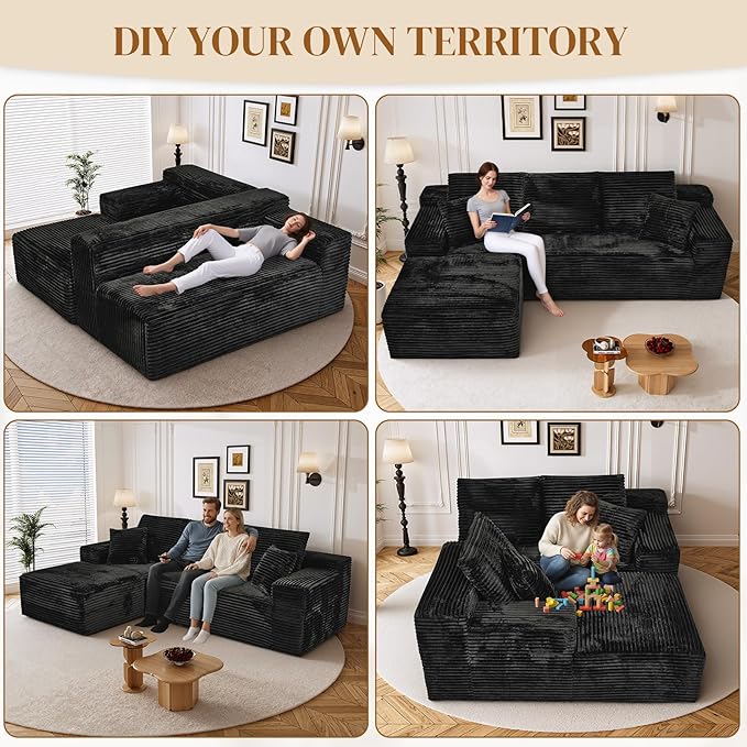 108" Boneless Cloud Sectional Couches for Living Room, Comfy Fluffy L Shaped Memory Foam Deep Seat Boneless Couch, Modular Sectional Sofa with Left Facing Chaise, Black