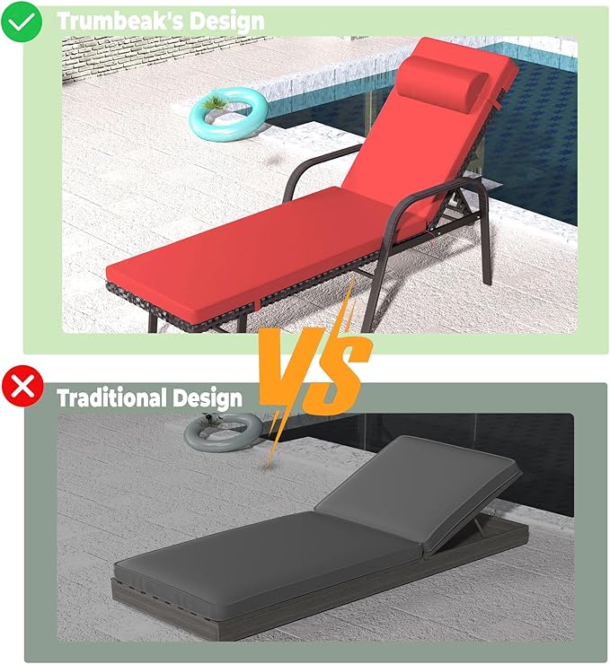 Trumbeak Patio Chaise Lounge Set 3 Pieces Pool Lounge Chairs,Cushioned Outdoor Folding Lounge Chair w/Arm and Rattan Adjustable Backrest for Poolside Porch,Folding Table Included,Red