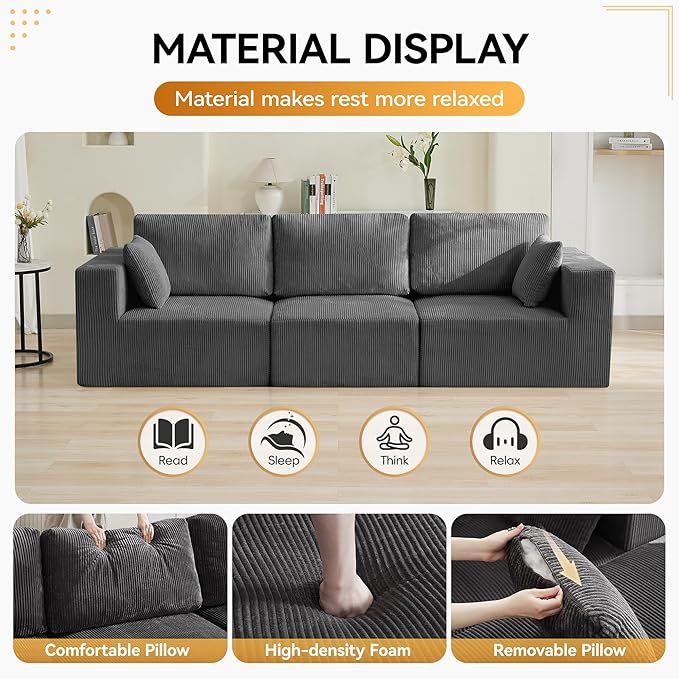 115'' Comfy Boneless Couch, Upholstered Deep Seat Modular Cloud Sofa, No Assembly Corduroy Compression 3 Seater Sofa Couch for Living Room, Grey