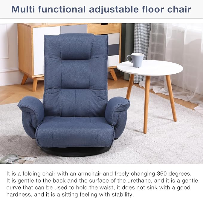Ergonomic Swivel Floor Gaming Chair with Armrests & Side Pockets, 6-Position Reclining Sofa Bed, Foldable Padded Lounger with Thick Cushion & Lumbar Support for Esports, Reading, TV Watching (Blue)