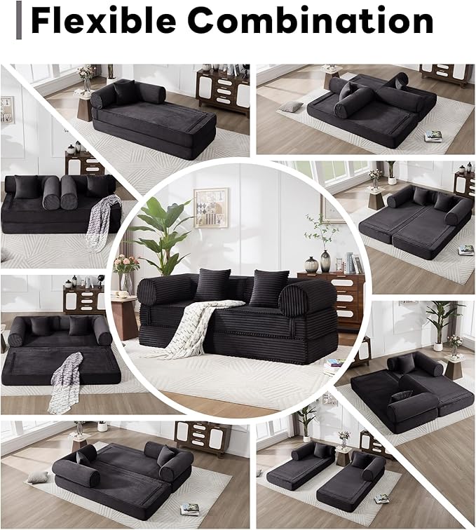 Tbfit 79'' Folding Boneless Couch, Oversized Corduroy Convertible Sofa Bed, Futon Mattress Sleeper Sofa, Comfy Foldable Upholstered Floor Couches for Living Room, Black