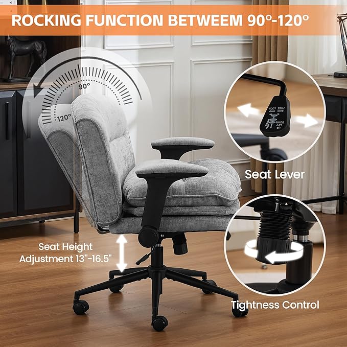 Criss Cross Chair with Flip-up Arms, Wide Criss Legged Chair with 3 Layer Cushion, Ergonomic Office Desk Chair with Wheels, Swivel Vanity Chair for Office, Living Room, Bedroom, Chenille Grey