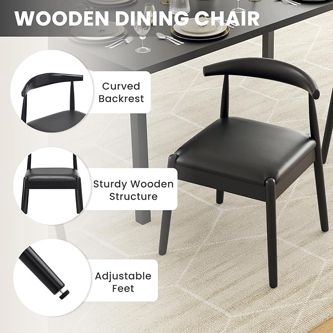 Farini Mid Century Modern Dining Chairs Set of 2, Solid Wood Frame Kitchen Chairs with PU Leather Upholstered Seat for Dining Room & Breakfast Nook,Black-Black