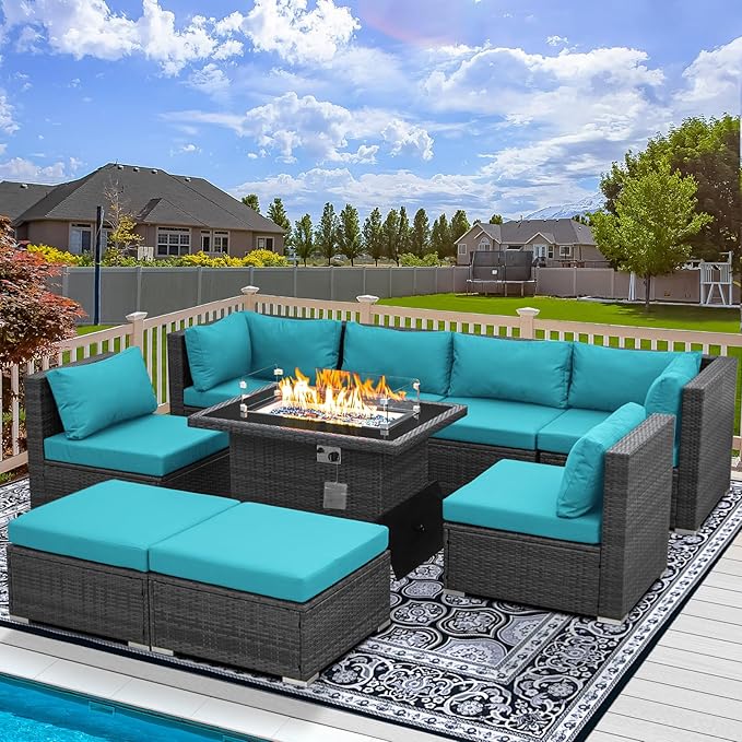 RADIATA 9 Piece Wicker Patio Furniture Set with Fire Pit, All-Weather Outdoor Sectional Couch High Back Large Size, Modular Backyard Seating Sofa Set with Propane/Natural Gas Firepit Table, Grey&Teal