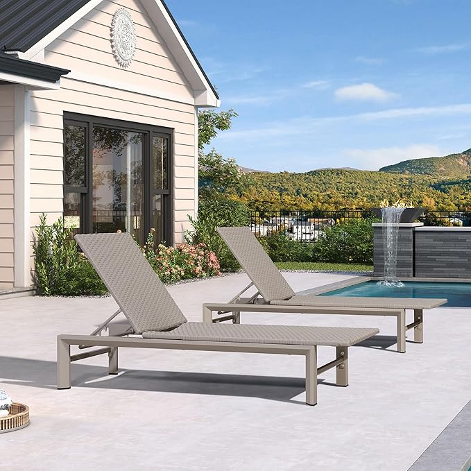 PURPLE LEAF Oversize Outdoor Rattan Lounge Chair 2 Piece, Aluminum Patio Chaise Lounge with Adjustment Backrest, Waterproof Lounger Sunbath Tanning Recliner for Poolside, Garden, Light Taupe