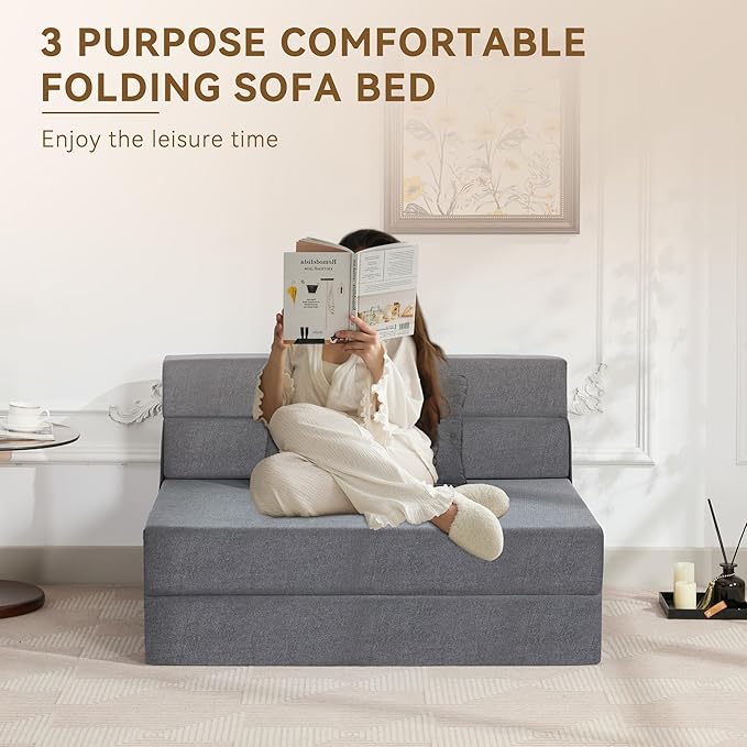 WUTUTUEE Folding Sofa Bed Convertible Floor Couch Foldable Chair Bed with Pillow，Linen Sleeper Chair Futon,Foldable Memory Foam Mattress for Bedroom/Living Room/Dorm/Office (Dark Grey, Standard)