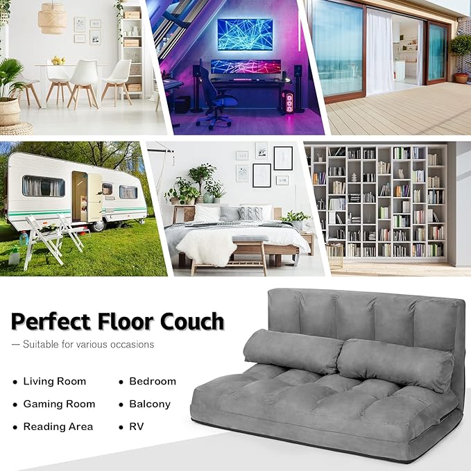 KOMFOTT Adjustable Floor Sofa Bed, Foldable Lazy Sofa Sleeper with 6 Position Backrest & 2 Pillows, Convertible Futon Couch with Suede Cloth Cover, Lounge Recliner for Living Room