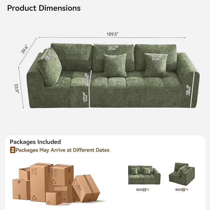 110''Modular Sectional Couches for Living Room, Cloud Boneless Compressed Sectional Sofa, Oversized 3 Seater Upholstered Memory Foam Sofa, No Assembly, Chenille Green