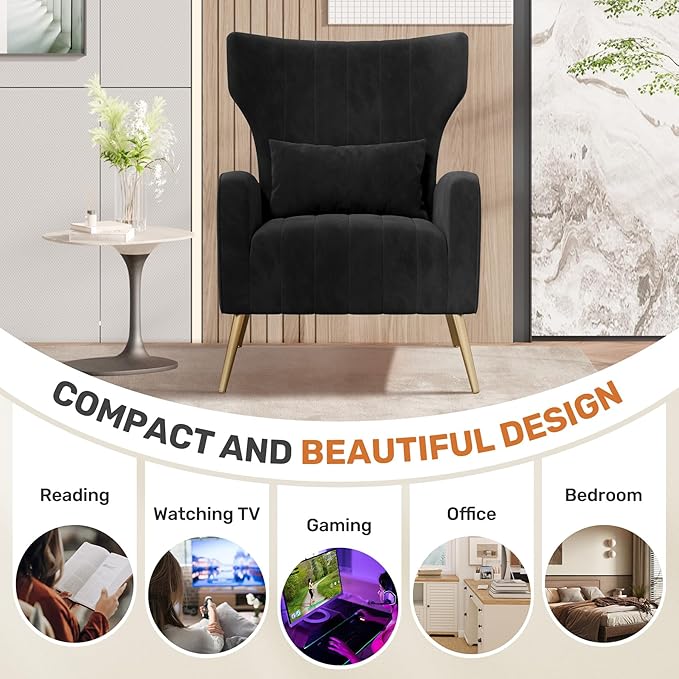 Nalupatio Modern Accent Chairs for Living Room Chairs Upholstered Velvet Fabric Reading Chair Mid Century Arm Chair Comfy Armchair,Black