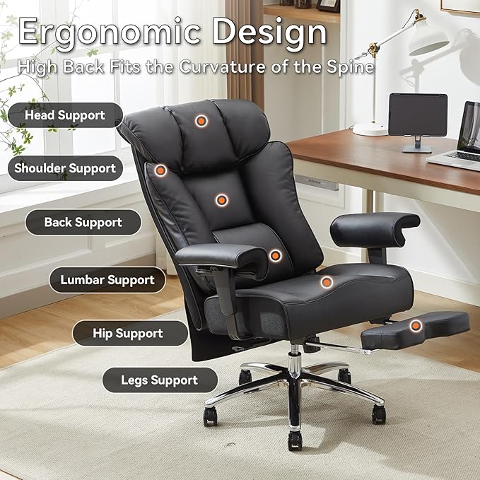 Efomao Big and Tall Office Chair 450lbs, 5.9" Thick Pocket Spring Executive Chair with Footrest, High Back PU Leather Ergonomic Desk Chair, Wide Computer Chair, Black