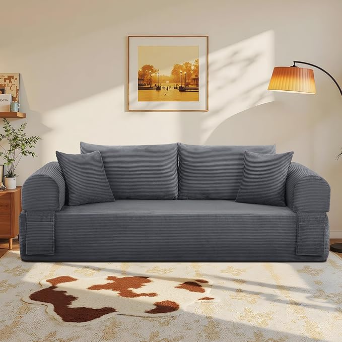 83" Sofa in a Box, 3 Seater Couch No Assembly Boneless Sofa Bed with Cushion Back 2 Pillows Deep Seat Corduroy Fabric Side Storage Pockets for Living Room, Bedroom, Apartment, Office, Deep Grey