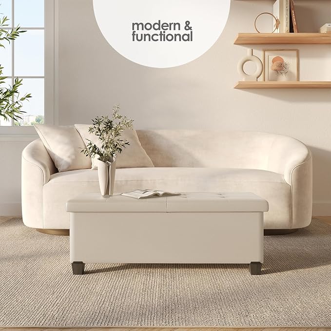 Storage Ottoman Bench with Bins, 43-in Storage Bench for Bedroom End of Bed, Folding Foot Rest Ottoman for Living Room Max 660lbs, Faux Leather Ottomans, Beige