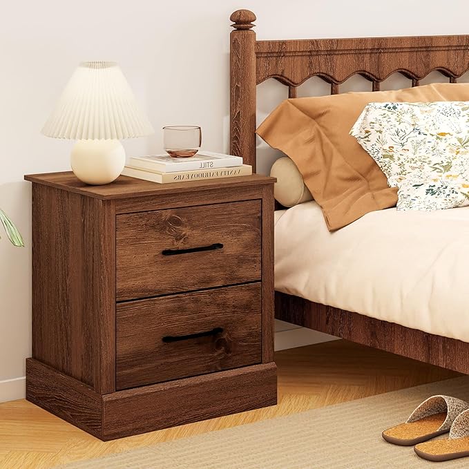 SIMOE Walnut Farmhouse Nightstand Set of 2, Wooden Bedside Table with 2 Storage Drawers, Compact Floor-Standing Night Stand, Accent Sofa Side Table for Bedrooms