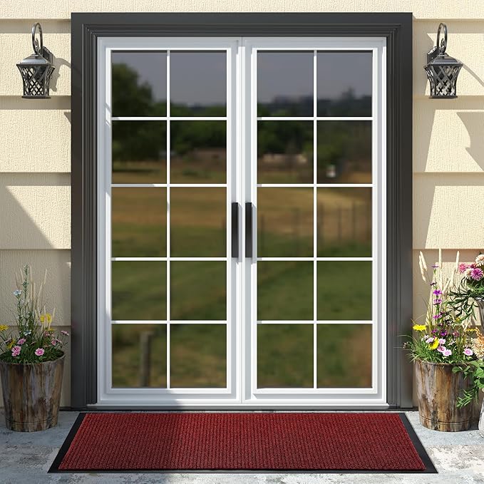 Yimobra Doormat Outdoor Indoor Entrance 47 x 24, All-Season All-Weather Front Door Mat, 100% Waterproof Welcome Matt for Floor Garage Outside Entry, Stain and Fade Resistant,Black Red