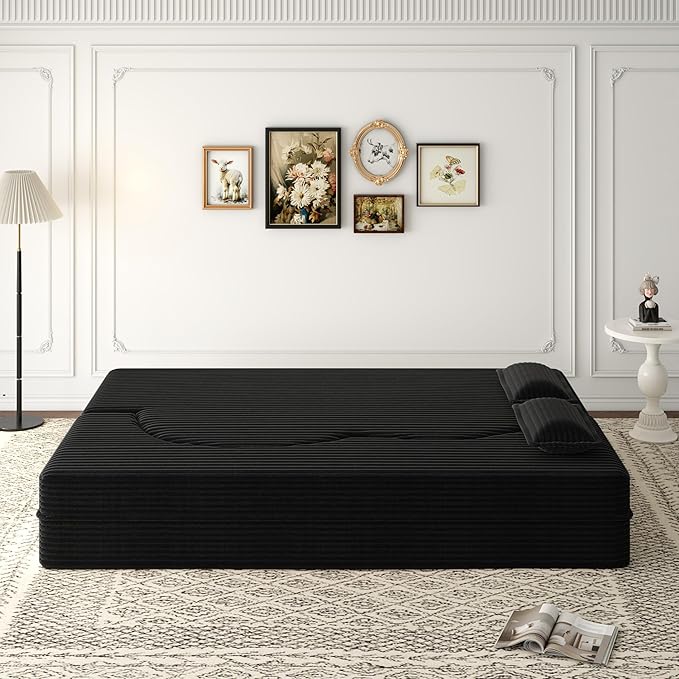 Modern Floor Sofa with 2 Pillows, Convertible Plush Corduroy Foam-Filled Sleeper Sofa Bed, Full Size Folding Mattress for Living Room, Guest Bed, No Assembly Required, Black