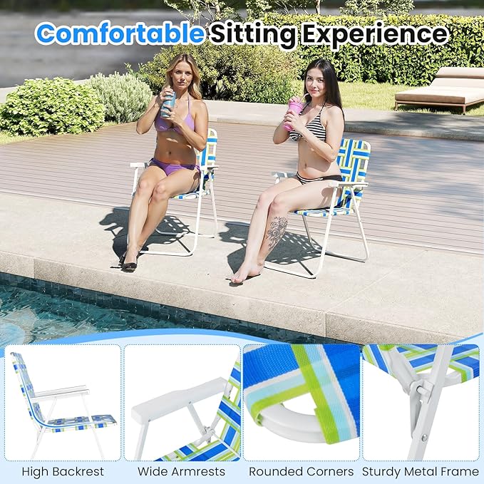 GYMAX Lawn Chair Folding, Webbed Beach Lounge Chairs Set with Highback, Outdoor Portable Lightweight Camping Dinning Chair for Patio, Lawn, Poolside, Sports, Garden, Backyard (2,Blue)