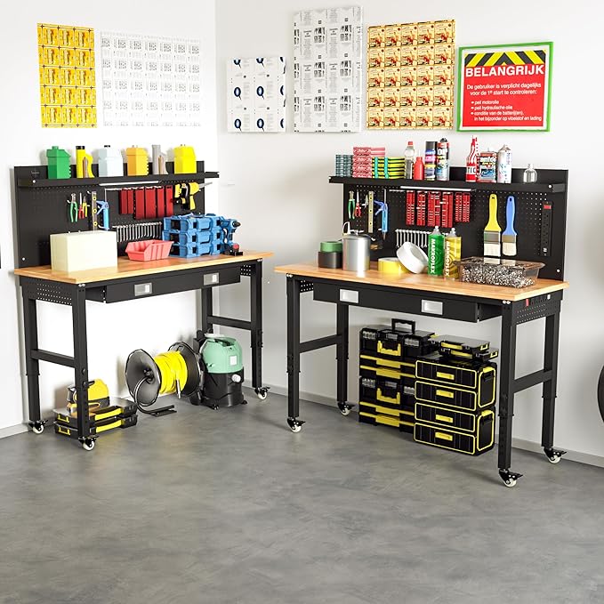 Betterhood 60" Heavy Duty Adjustable Workbench with Large Pegboard & LED Light, Adjustable Work Table with Power Outlets & Lockable Wheels, Rubber Wood Workstation for Garage, Workshop, Office, Home
