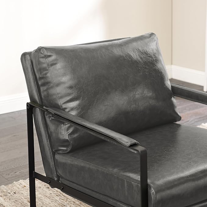 Zouron Mid Century Modern Accent Chair with Black Metal Frame, Upholstered Living Room Chairs with Pillow, Reading Armchair for Bedroom, Office, 1 Pcs, Gray