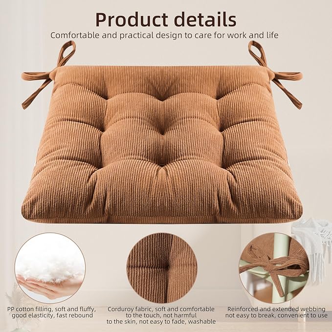 HLOVME Corduroy Chair Cushion with Ties Ultra Soft Warm Floor Cushion for Kids Reading Nook Comfortable Square Seat Cushion for Adult 15.7”x15.7” Set of 2, Khaki