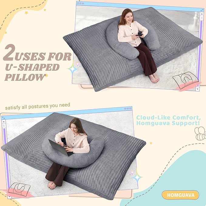 Homguava Giant Bean Bag Chair for Adults with Pillow, 4 in 1 Convertible Floor Cushion for Adluts, Memory Foamed Bean Bag Lounger with Washable Cover for Living Room, Bedroom