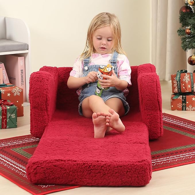 Kids Sofa, 2-in-1 Flip-Out Foam Couch with Soft Sherpa Cover, Cozy Play Lounge Chair, Red