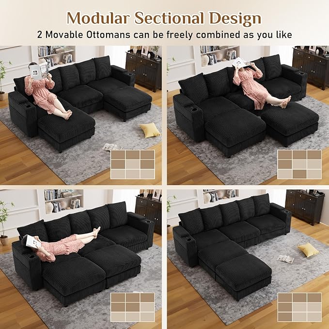110" W x 60" D U Shape Sectional Sofa with USB Charging & Cup Holder & Storage, 5 Seater Plush Corduroy Couches with Movable Ottoman, Cloud Couch Sofas for Living Room, DIY Combination - Black