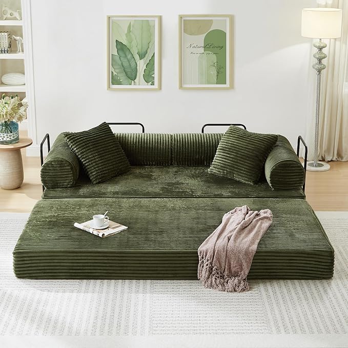 Modular Couch Bed, Convertible Folding Plush Corduroy Comfy Floor Memory Foam Compression Loveseat Sleeper Sofa Couch, King Size Bed for Guest Room Living Room Bedroom, No Assembly Required, Green