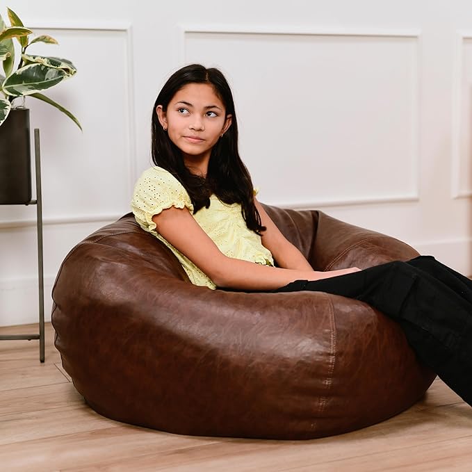 Factory Direct Partners 35" Rustic Western Bean Bag Chair; Distressed Faux Leather, Low to Ground for Reading, Playing Video Games and Relaxing; Flex Seating for Home and School - Walnut, 10478-323