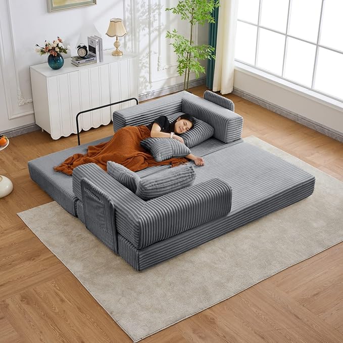 Folding Sofa Bed, Corduroy Loveseat Sleeper with Fixed-Shape Frame, No Assembly Needed Futon Couch, Convertible Floor Sofa Lounge Couch for Living Room, Bedroom, Lounge Studio, Grey