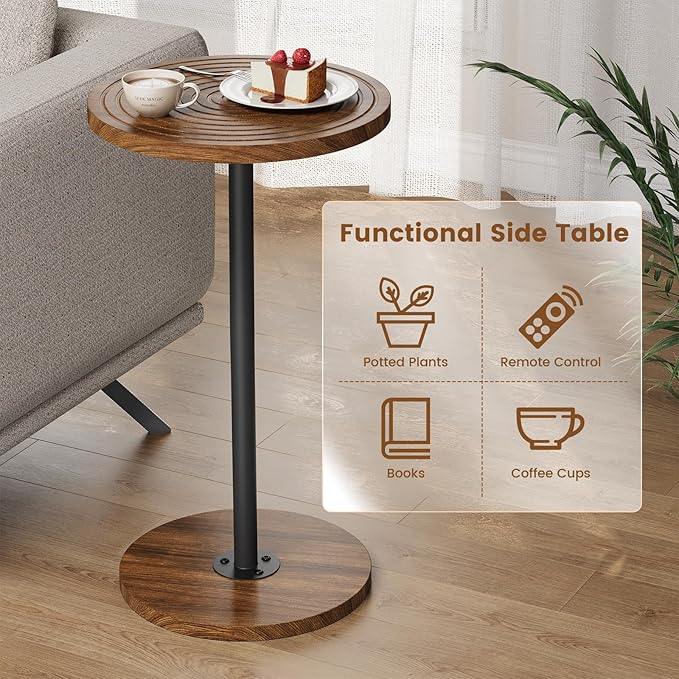 Asgolion Round Side Table, Small Drink Table, Pedestal Martini Stand, Weighted Base Cocktail Table Accent Nightstand for Living Room, Bedroom, Bathroom, Office, Walnut