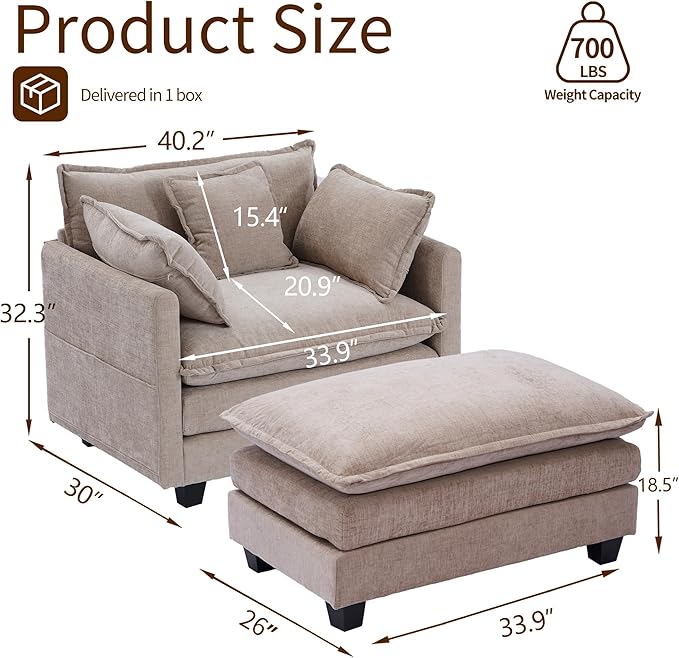 SweetGO corporation 40" Chenille Lounge Chair for Reading, Modern Couch Cozy Sofa Bed, Upholstered Living Room Single Sofa Accent Chair with Ottoman, Coffee