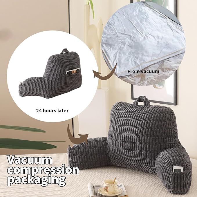 PAJEO Reading Pillow for Sitting in Bed, Large Backrest Reading Pillow with Arm Rest,Back-Rest Support Cushion for Sit Up on Couch, Sofa, and Floor, Dorm Essentials (Grey Corduroy, Standard(17"))