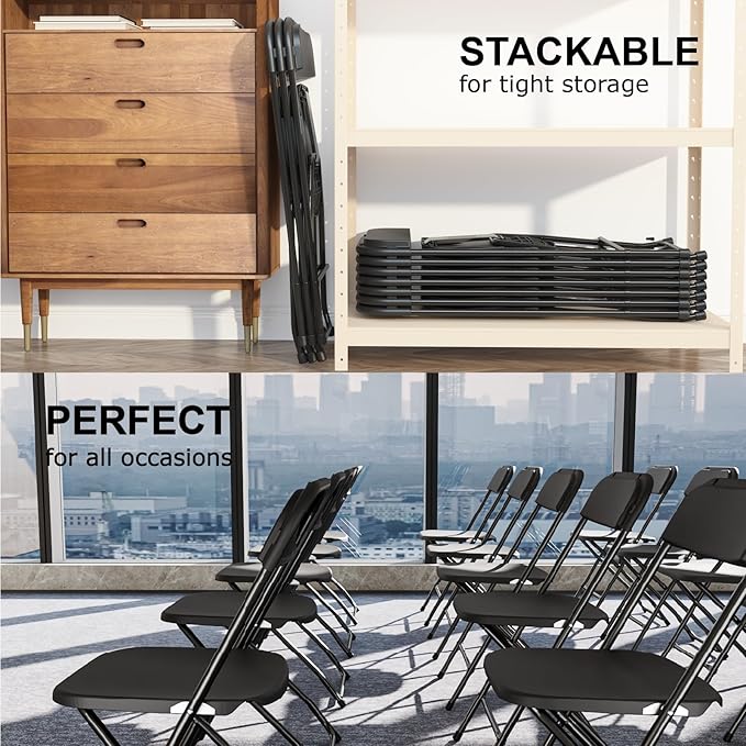8 Pack Black Folding Chairs, Portable Party Chairs, Plastic Folding Chair,Stackable Commercial Seats with Steel Frame for Office Wedding Party Patio Dinning Events, 350lbs Capacity