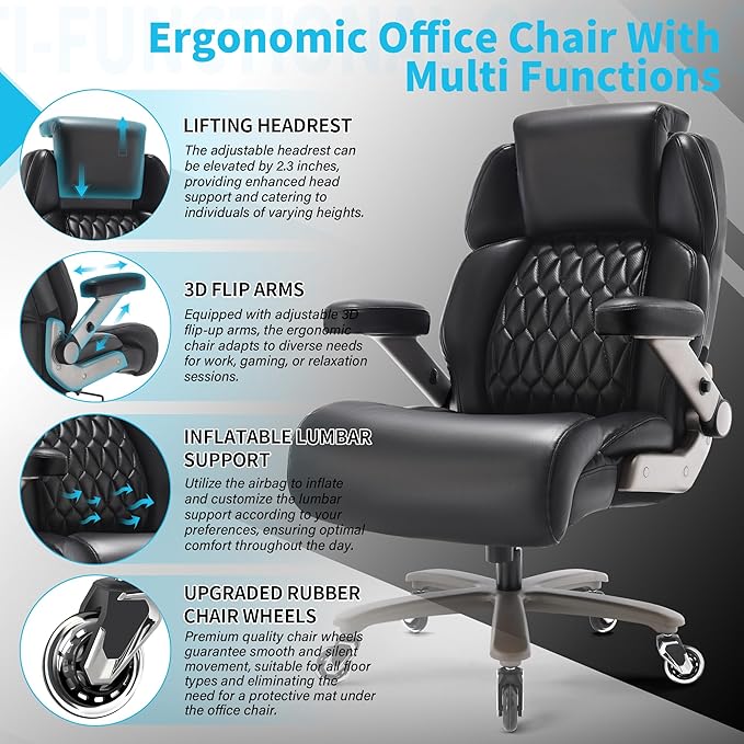 Big and Tall Office Chair 700lbs - Adjustable Headrest&Lumbar Support, 3D Flip Arms, Large Wheels &Heavy Duty Metal Base, Ergonomic High Back Computer Chair Desk Chair, Thick Padded Extra Wide Seat
