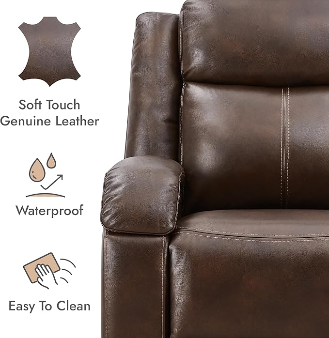 Watson & Whitely Oversized Genuine Leather Power Recliner Chairs for Big and Tall, Wall Hugger Recliner with Power Headrest & Charging Ports, Extra Large Reclining Chair for Living Room, Dark Brown