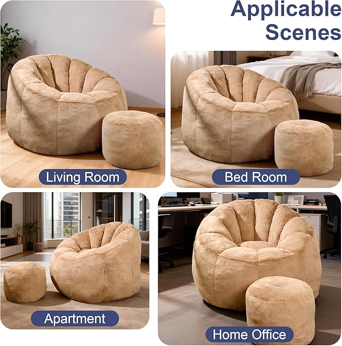 Pumpkin Shaped Bean Bag Chair with Ottoman, Gaint Bean Bag Chair for Adults, Faux Rabbit Fur Comfy BeanBag Floor Sofa Chair for Reading, Playing, Relaxing, Khaki