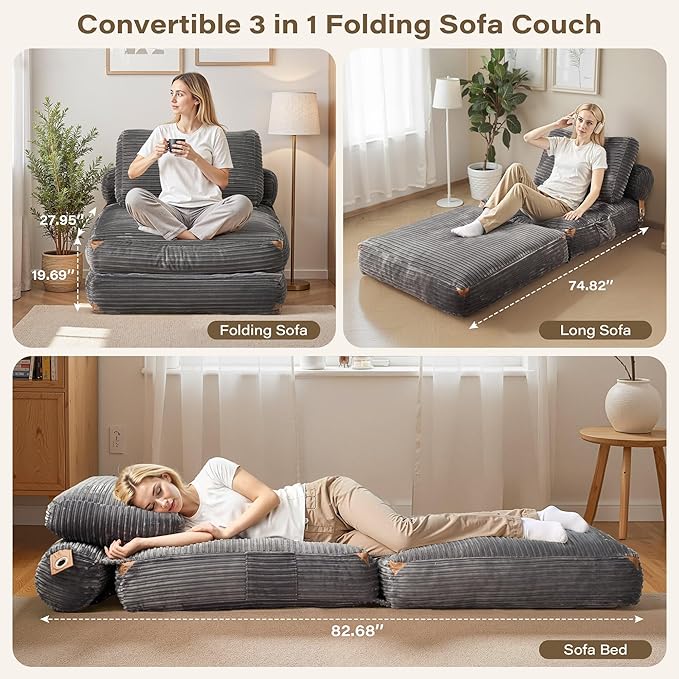 75'' Foldable Sofa Bed,Convertible Folding Sleeper Chair Bed,Grey Foldable Single Sofa Foam Filling Couch with Pillow, Comfy Corduroy Lazy Floor Sofa for Small Room Bedroom Apartment