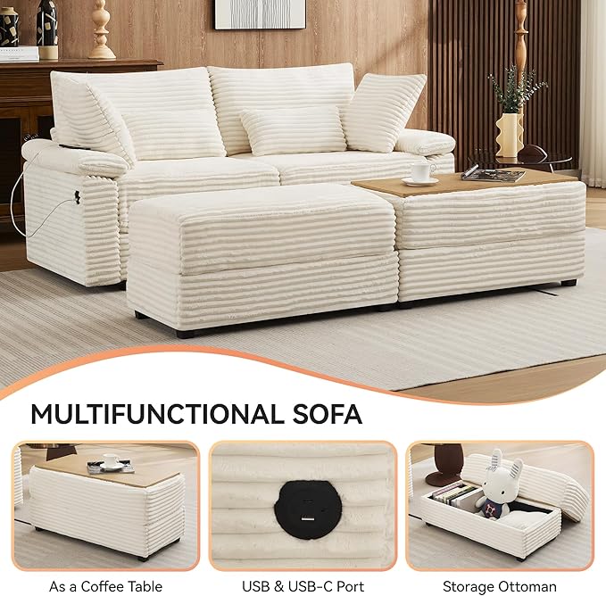 75" Corduroy Loveseat with Storage Ottoman, Cloud Deep Seat Couch with Convertible Ottoman Coffee Table & USB, Double Chaise Lounge for Living Room, Beige