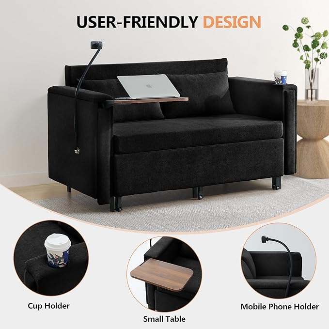 ORRD Pull Out Sofa Bed, 2-in-1 Multi-Functional Sleeper Couch Small Loveseat Bed with Hidden Side Table, Phone Holder and Cup Holder for Living Room, Small Space, Apartment (Black)