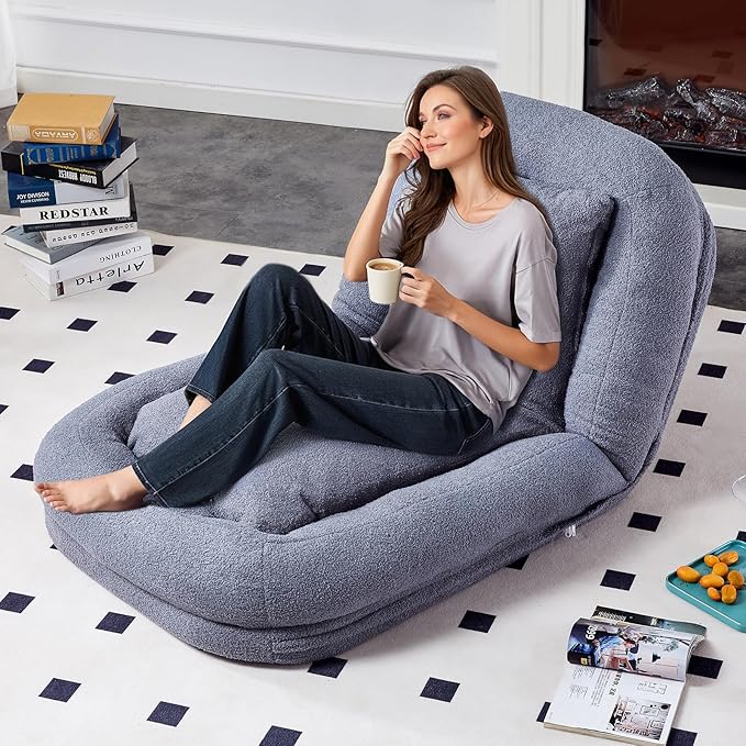 Elevate Your Leisure Time with Grey Folding Sofa Chair - 5 Adjustable Positions for Gaming, Meditation & More!
