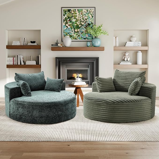JEEOHEY Modern Round Accent Sofa Chair for Living Room, Upholstered Chenille Barrel Lounge Arm Chair with Large seat&Throw Pillows for Bedroom, Office, Apartment, Green