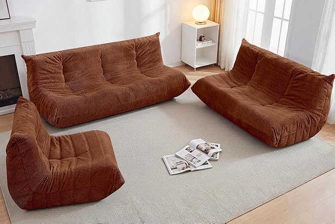 Bean Bag Chair,Giant Beanbag Chairs for Adults,Comfy Large Fireside Chair Lazy Sofa,Corduroy Bean Bag Lounger with Memory Foam Filled,Floor Sofa Couch for Home,Living Room (Brown, 3-Seater)