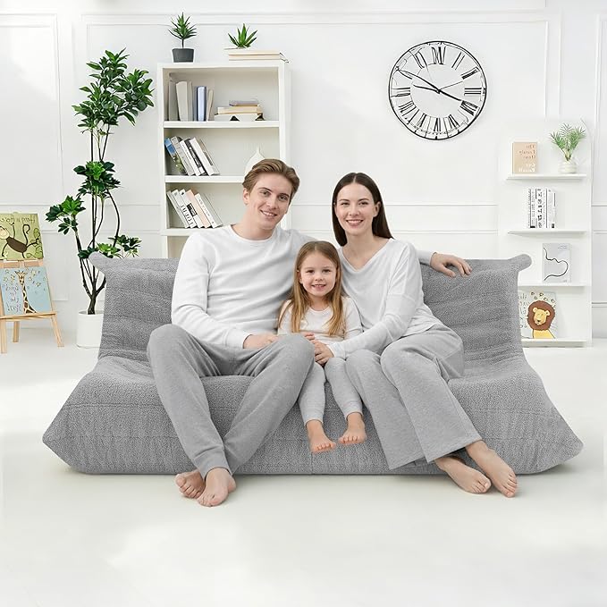 HABUTWAY Bean Bag Chairs Fireside Lazy Floor Sofa, Soft Teddy Fleece 3 Seater Sofa with High-Resilience Foam Filling，Beanbag for Living Room, Bedroom, Office (Light Gray Teddy)