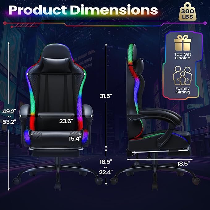 Homall Gaming Chair, Video Game Chair with Footrest and Massage Lumbar Support, Ergonomic Computer Chair Height Adjustable with Swivel Seat and Headrest (RGB Dark Black)