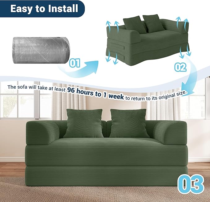 Cloud Boneless Convertible Floor Sofa Bed, 70" 4-in-1 Foldable Compressed Loveseat Lounge Sleeper 2 Seater Couches, High-Density Sponge & Corduroy Fabric Futon Daybed for Living Room Bedroom(Green)